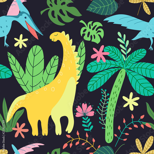 Dinosaurs pattern kids in cartoon style on black background. Seamless vector texture. Trendy vector wallpaper. Cute animal and floral illustration. Nature backdrop. Summer wallpaper design