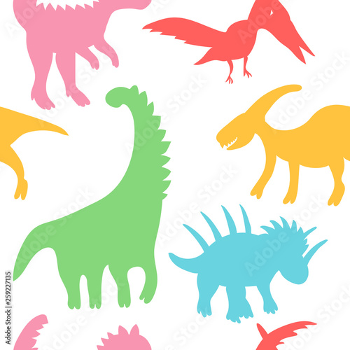 Trendy collection with colorful dinosaurs pattern kids. Creative childish seamless texture. Cute monster vector design. Colorful silhouettes of dinosaurs