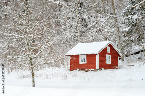 a red small cottage in a winter forest © Kilman Foto