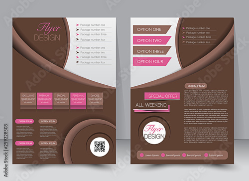 Flyer template. Business brochure. Editable A4 poster for design, education, presentation, website, magazine cover. Pink and brown color.