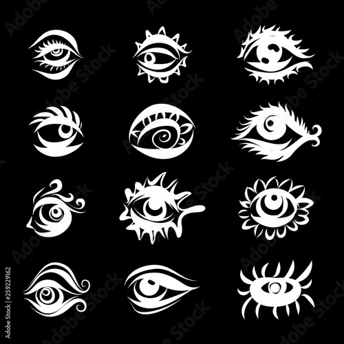 Collection of Hand Drawn Different Eyes Icons. Monochrome Drawing Elements Isolated on Black Background