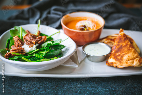 Panini Sandwich with Tomato Soup and Spinach Salad