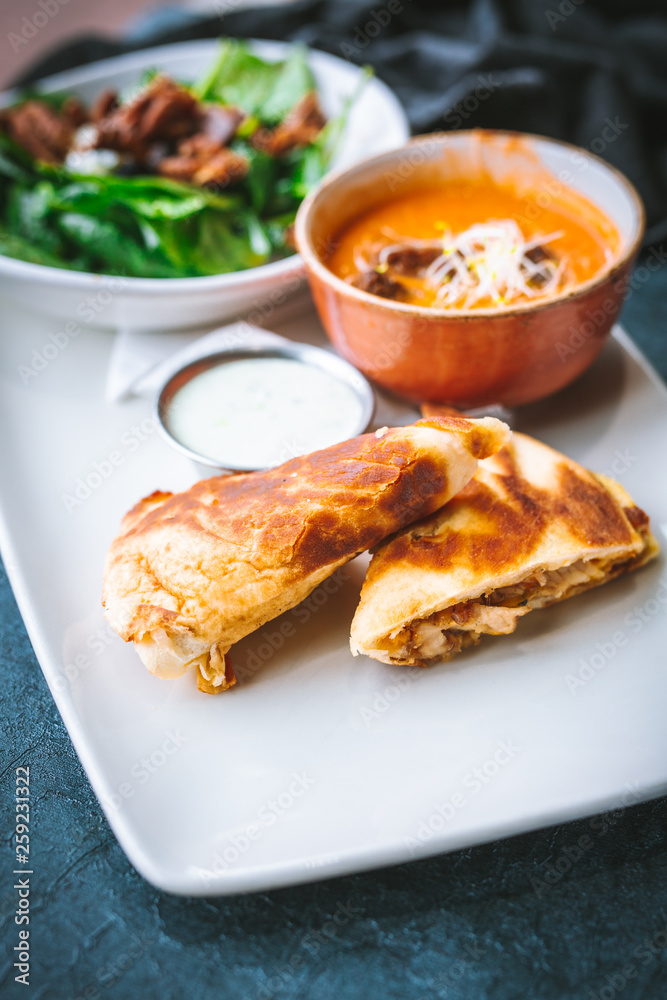 Panini and Tomato Soup with Spinach Salad