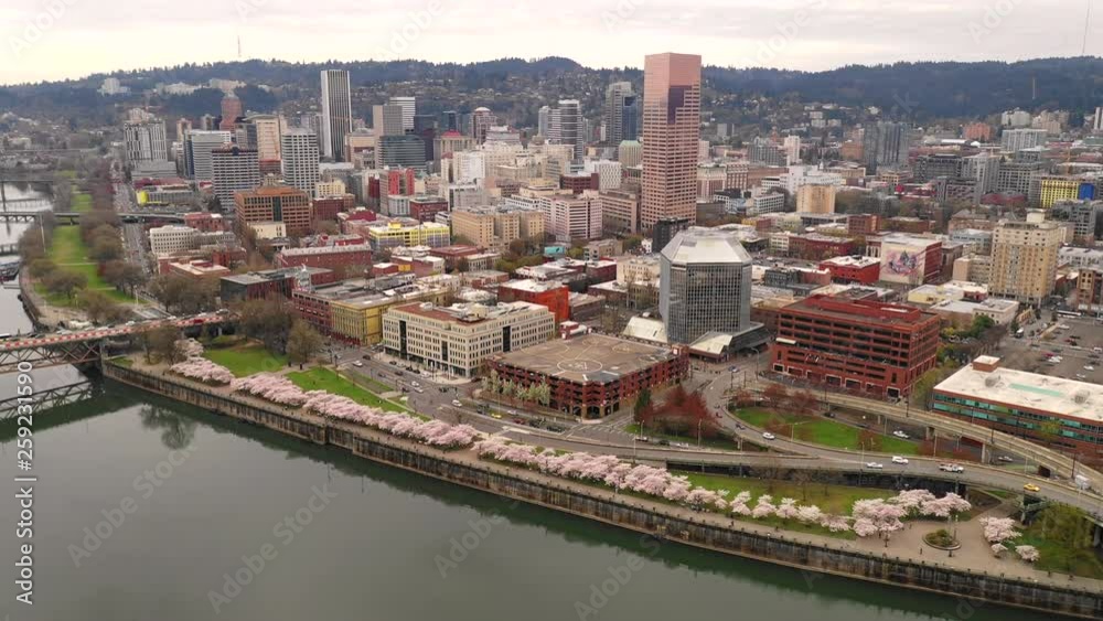 Aerial View Over Downtown Portland Oregon and the Willamette River