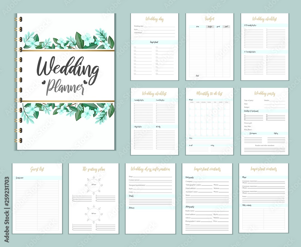 Wedding planer organizer with checklist, wish list, party time etc. Floral diary design for wedding organisation. Vector wedding planer. - obrazy, fototapety, plakaty 