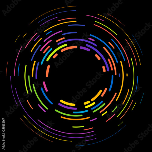 Vector modern creative backdrop of vivid multi colored curved elements.Multicolored decorative design halftone circle lines isolated on black.Circular abstract background.