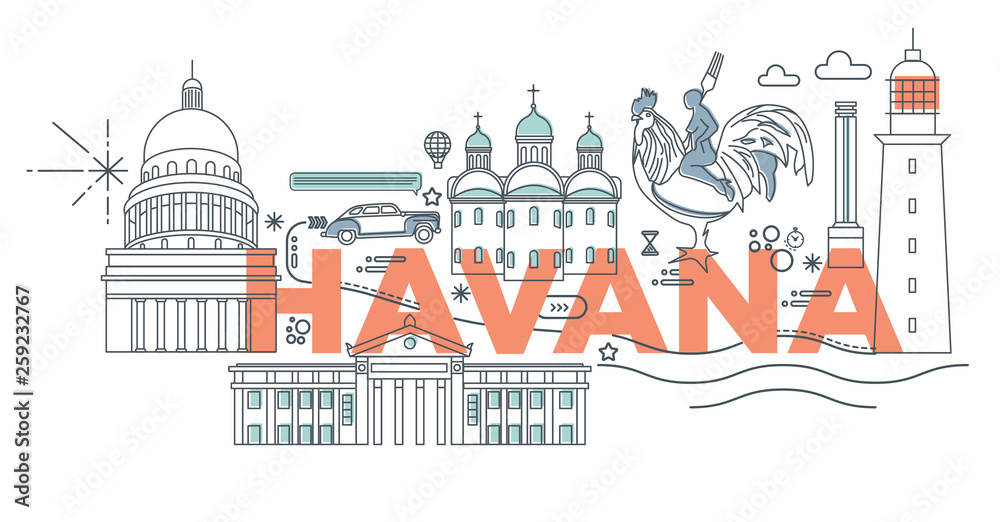 Naklejka premium Typography word Havana branding technology concept. Collection of flat vector web icons. Cuban culture travel set, architectures, specialties detailed silhouette. Doodle famous landmarks.