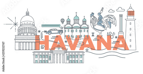 Typography word Havana branding technology concept. Collection of flat vector web icons. Cuban culture travel set  architectures  specialties detailed silhouette. Doodle famous landmarks.