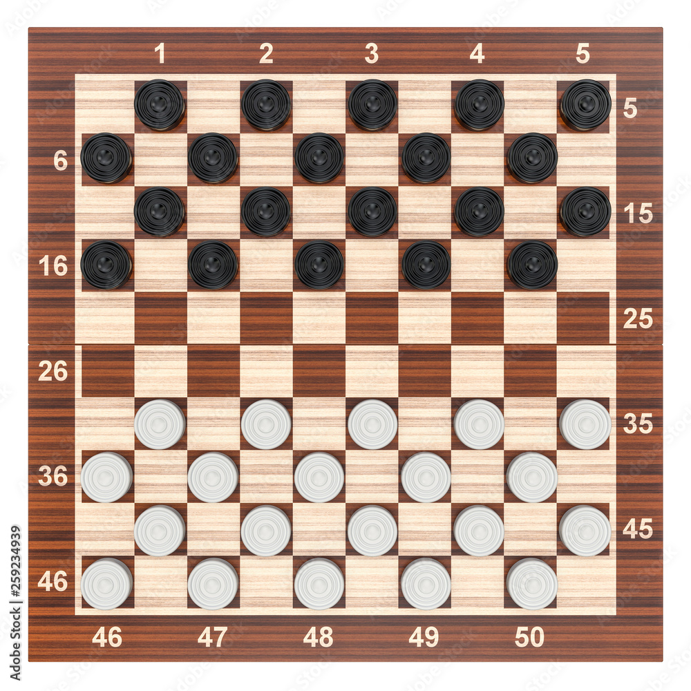 Checkers game board and pieces, top view. 3D rendering Checkers game board and pieces, top view. 3D rendering