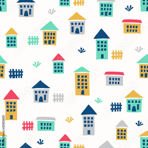 House seamless pattern for kids. City background. Vector illustration.