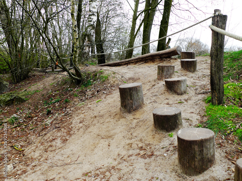 Part of obstacle course, parkour for children in the woods. Consist of wood stumps logs and thick rope. Part of obstacle course, parkour for children in the woods. Consist of wood stumps logs and thick rope.