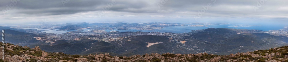 An expansive vista of the city of Hobart (Tasmania, Australia) from Kunanyi or Mt Wellington.