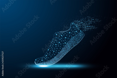 Abstract polygonal light of close up shoes.Trendy abstract wireframe with blue shoe on black background. Abstract connection structure. Wireframe background. Trendy modern design.