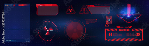 Blue  and red futuristic frame in modern HUD  style background.Abstract technology communication design innovation concept background.Vector abstract graphic design.Warning frame. Abstract tech design