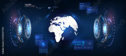 Futuristic Earth in style HUD, great design for any purposes. Vector globe. Blue background. Computer technology background. Interface with Earth globe 3d in control center  Vector illustration gui.