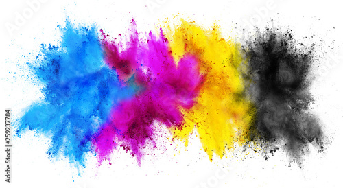 colorful CMYK cyan magenta yellow key holi paint color powder explosion print concept isolated white background