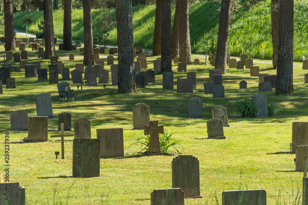 Naklejka premium Graves, paths and decorations in the forest at the Forest Cemetery