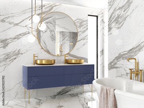 Fototapeta Naklejka Na Ścianę i Meble -  3d rendering of a modern minimal white marble bathroom with brass sinks and vintage details