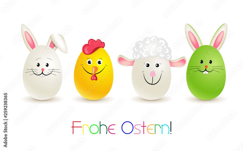 Osterkarte mit Ostereier als Hase, Lamm, Huhn und Häschen mit Ohren, Ostergrüße in deutsch, Vektor Illustration isoliert auf weißem Hintergrund 