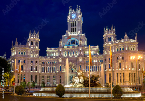 Europe, Spain, Madrid, Plaza de Cibeles Palace dusk
