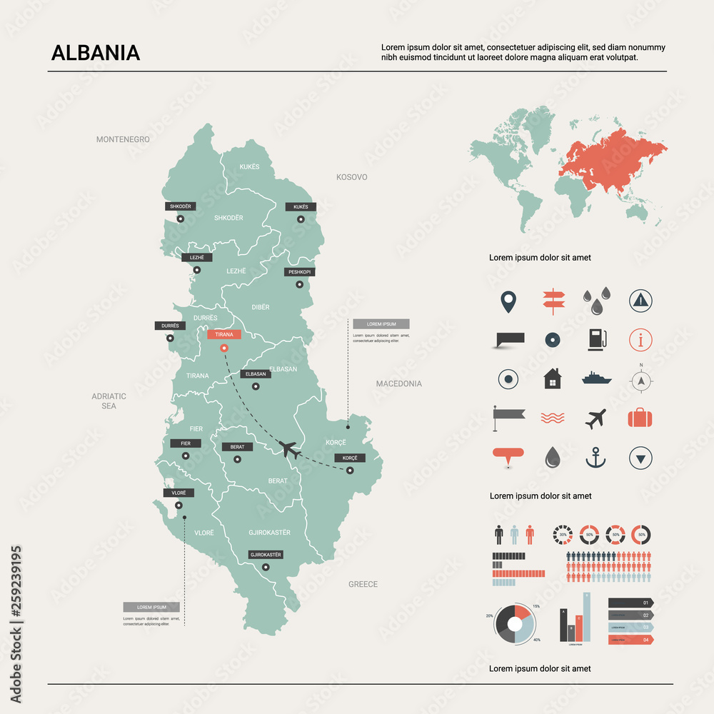 Vector map of Albania .  High detailed country map with division, cities and capital Tirana. Political map,  world map, infographic elements.