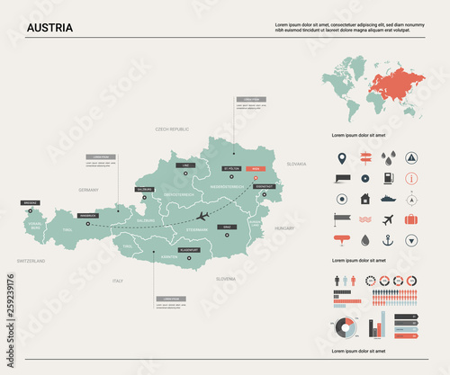 Vector map of Austria .  High detailed map with division  cities and capital Vienna. Political map   world map  infographic elements.