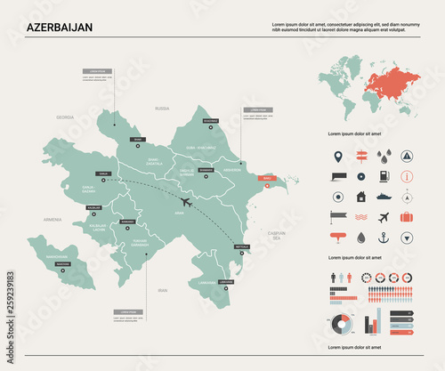 Vector map of Azerbaijan . High detailed country map with division, cities and capital Baku. Political map, world map, infographic elements.
