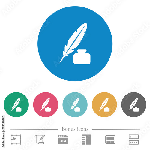 Feather and ink bottle flat round icons
