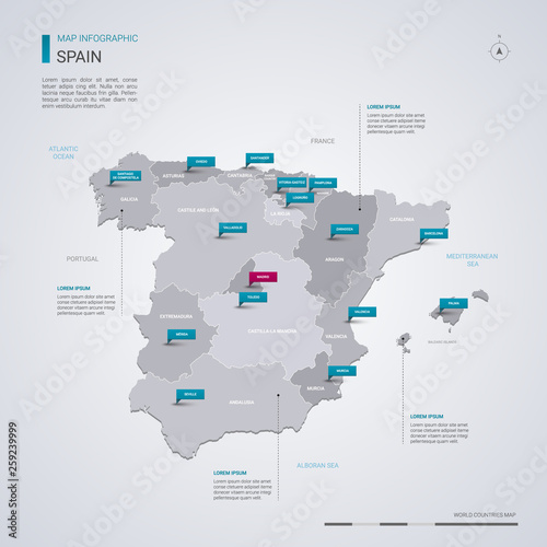 Spain vector map with infographic elements, pointer marks.