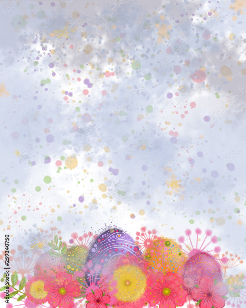Blank Textured Surface Decorated with Easter Eggs and Flowers. Watercolor Texture and Multicolored Confetti Background for Your Text, Design, and Easter Announcement and Advertisement.