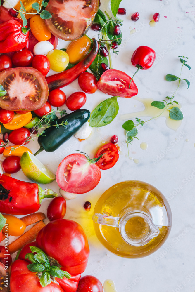 Tomatoes, peppers, spices and mozzarella cheese Tomatoes, peppers, spices and mozzarella cheese