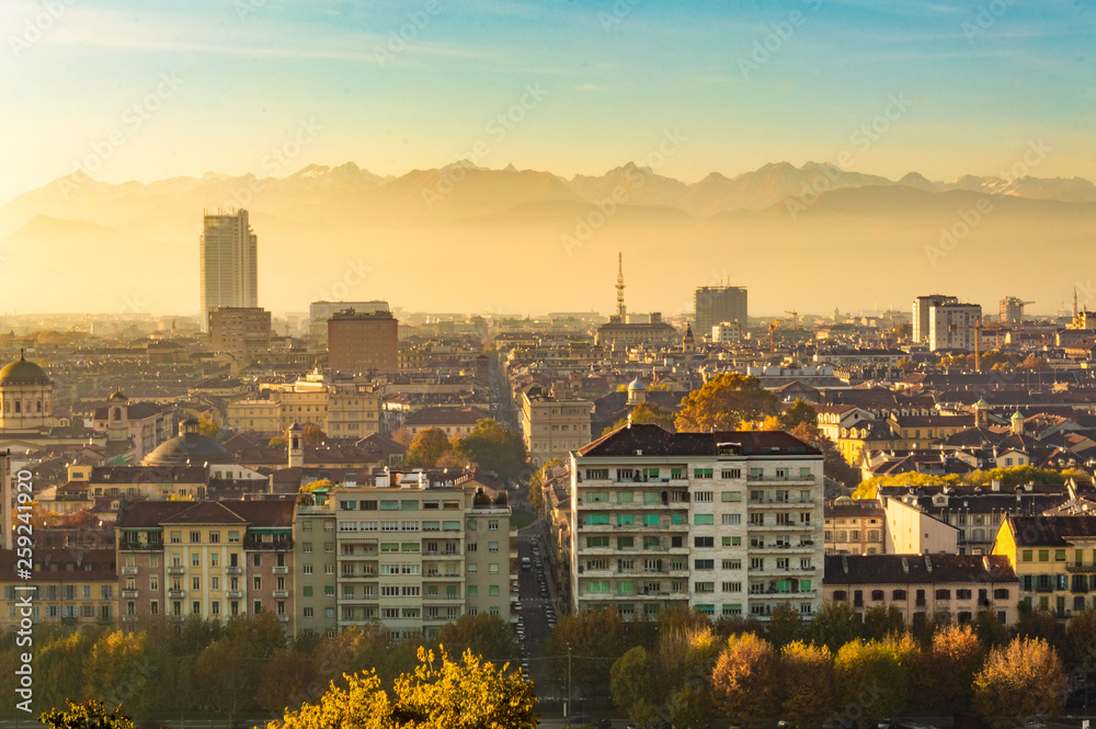 Foggy lanscape of Turin, Italy