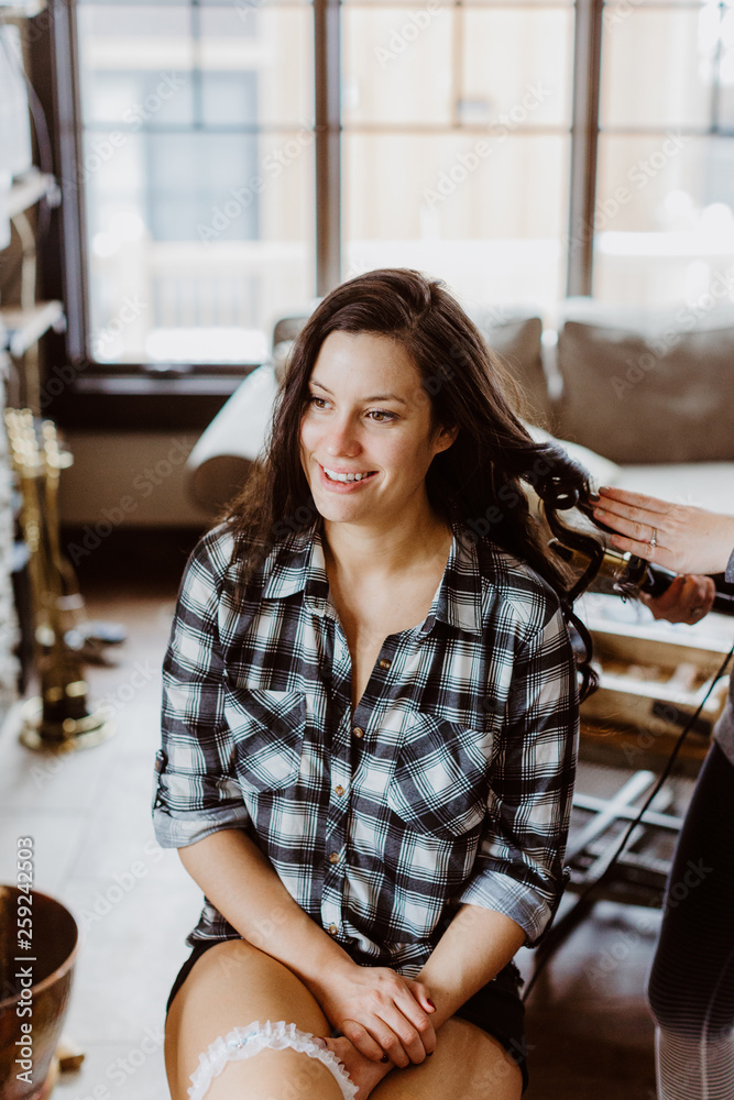 Beautiful Bride Getting Hair Done before Wedding Beautiful Bride Getting Hair Done before Wedding