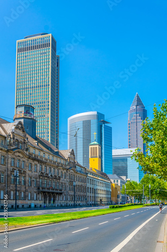 View of Friedrich Ebert Anlage street with Messeturm on background, Frankfurt, Germany photo