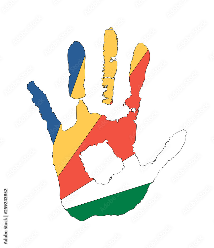 vector handprint in the form of the flag of Seychelles. blue, yellow, red color of the flag vector handprint in the form of the flag of Seychelles. blue, yellow, red color of the flag