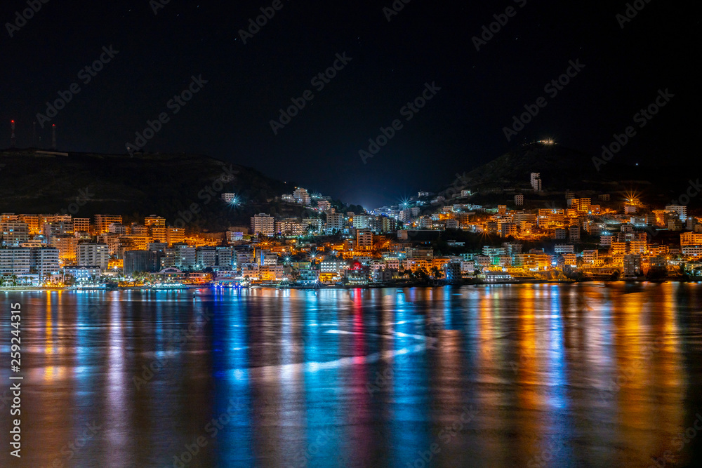 view on Sarande city with lights at night, Albania