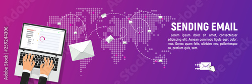 Sending and receiving email web banner rectangle template vector illustration. Send mail letters from laptop to anywhere in the world concept