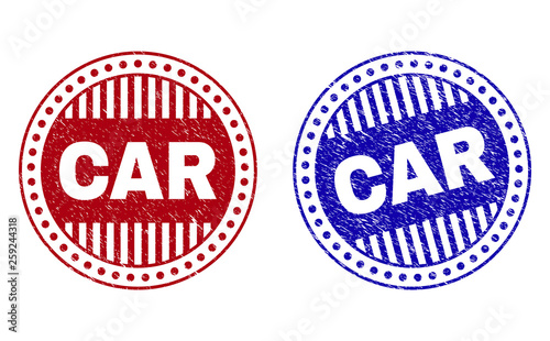 Grunge CAR round stamp seals isolated on a white background. Round seals with grunge texture in red and blue colors. Vector rubber imprint of CAR tag inside circle form with stripes.