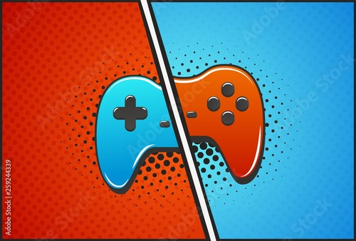 Cybersport versus battle template vector illustration. Red and blue gamepads pop art style