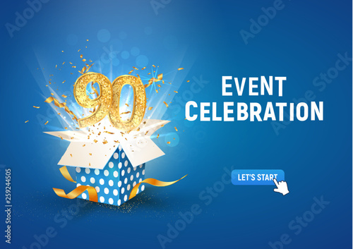 90 th years anniversary banner with open burst gift box. Template ninetieth birthday celebration and abstract text on blue background vector illustration