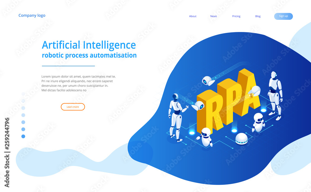 Isometric concept of RPA, artificial intelligence, robotics process  automation, ai in fintech or machine transformation. Landing page template  vector de Stock | Adobe Stock