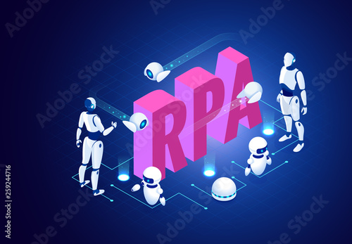 Isometric concept of RPA, artificial intelligence, robotics process automation, ai in fintech or machine transformation.