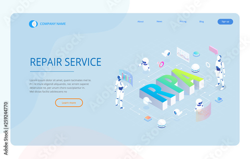 Isometric concept of RPA, artificial intelligence, robotics process automation, ai in fintech or machine transformation. Landing page template