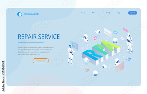 Isometric concept of RPA, artificial intelligence, robotics process automation, ai in fintech or machine transformation. Landing page template