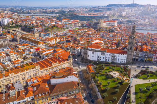 Aerial view of Porto Cityscape ith traditional orange roof tiles, Portugal