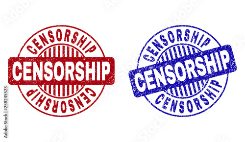 Grunge CENSORSHIP round stamp seals isolated on a white background. Round seals with grunge texture in red and blue colors.