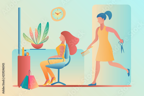 Hairdresser - the master barber hurries to the client to cut, style or dye his hair. A young woman is sitting in a beauty salon chair. Template for website design, web page. Flat Vector Illustration