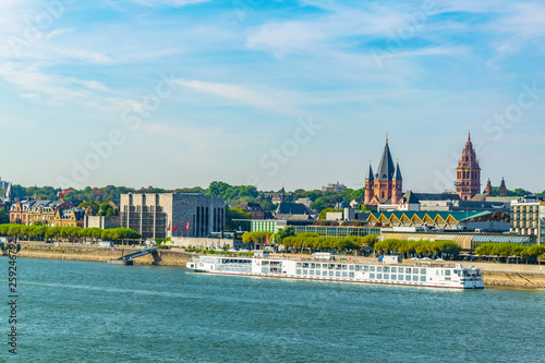 Cathedral in Mainz viewed behind river Rhein, germany