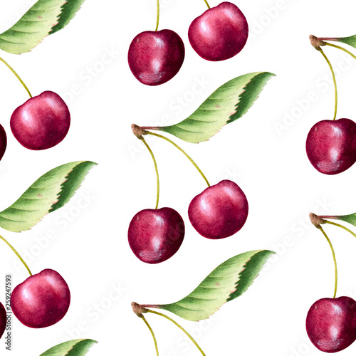 Fresh cherry seamless pattern. Watercolor background with colorful fruits.