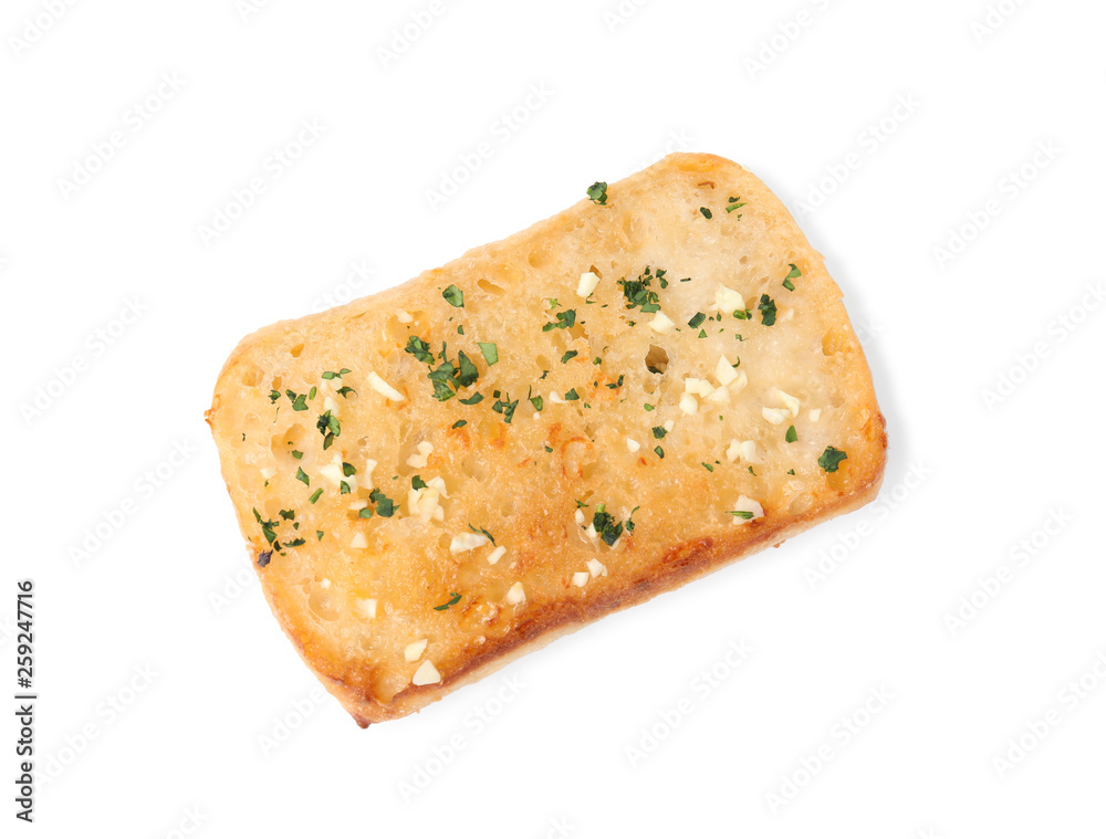 Slice of garlic bread with herbs isolated on white, top view Slice of garlic bread with herbs isolated on white, top view